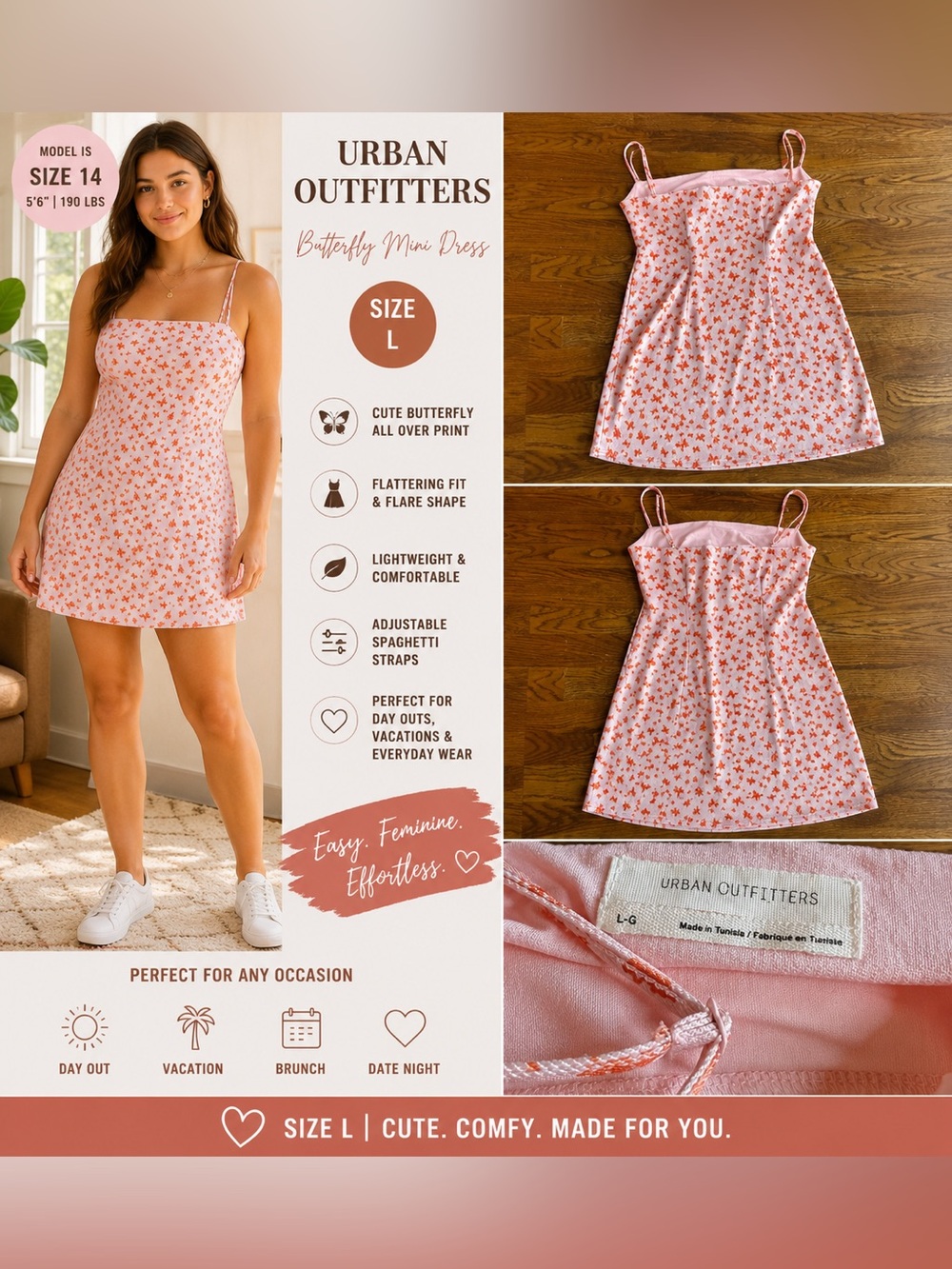 Urban Outfitters Pink Mini Summer Dress with Orange Butterfly Print Size Large